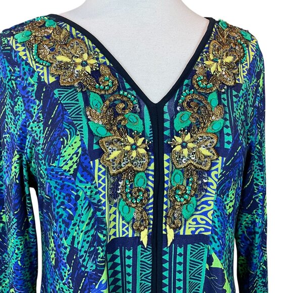 Soft Surroundings 3/4 Sleeve Embroidered Beaded Blue Green V-Neck Tunic M - Picture 2 of 7